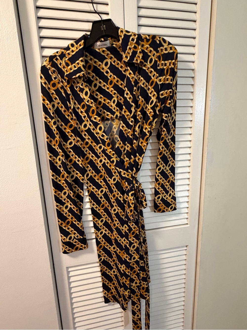 Calvin Klein Black Wrap Dress with Gold Chain Print